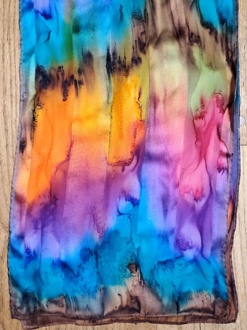 Women's Silk Scarf COLORFUL TIE DYE Bohemian Art RECTANGLE 11 X 57"